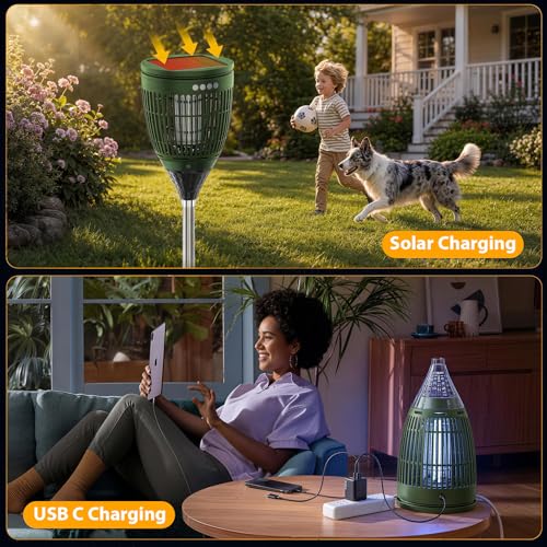 Rossetta Solar Bug Zapper Outdoor, Fly Zapper with Flame & Projector Light | 4200V Shock Grid, Solar & USB Charging, IPX5 Waterproof, Auto Mode, Cordless Electric Mosquito Killer for Patio, Garden - color: Olive Green