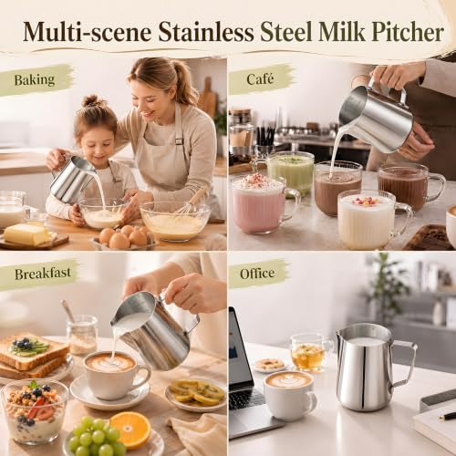 Honeydak 9 Pcs Milk Frothing Pitcher 304 Stainless Steel Steaming Pitchers for Coffee Bar Cappuccino Barista Tools Milk Jug Steamer Frother Cup (20 oz,Silver) - color: Silver, size: 20 oz