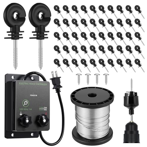 2-Mile 5000V 0.1Joule Electric Fence for Preventing Animals Intruding, 50 Black Fence Insulator and 1 Socket Tool, 250ft Aluminum Wire for Electric Fencing Grid System Accessories - size: 76M