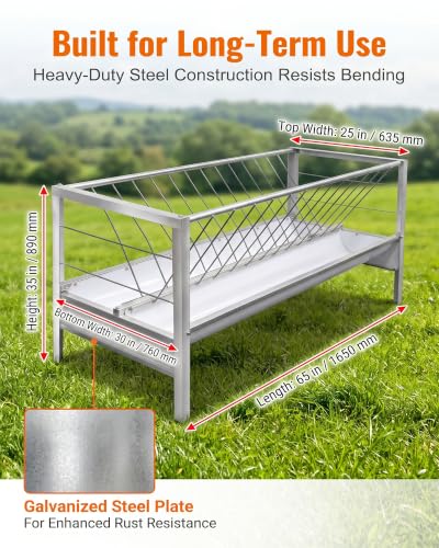 5.5 Ft Long Goat Hay Feeder with Deeper Feeding Pan, 98 Gallon Capacity Livestock Hay Feeder, 2 in 1 Grain & Hay Feeder, Galvanized Steel Grain Holder for Goats, Sheep and Ponies