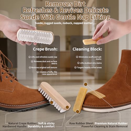 4-Piece Suede Brush Set with Erasers - Wooden Handle Shoe Cleaning Kit Includes PP Brush, Nubuck & Suede Erasers for Shoes, Boots, Bags & Jackets