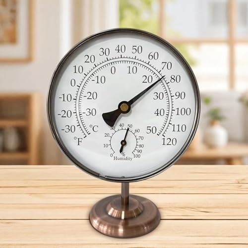 4’’ Outdoor Thermometer Hygrometer with Stand,Metal Waterproof Thermometer Gauge for Patio Indoor Outdoor Use,Easy Read Celsius Fahrenheit Dial,Battery Free,Weather Dial Hygrometer Thermometer
