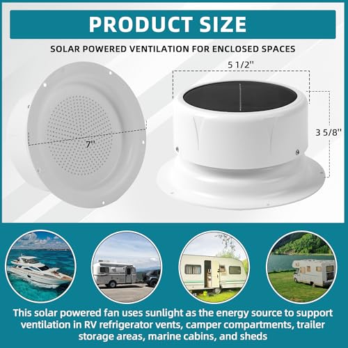RV Solar Powered Ventilation Fan with Upgraded Larger Solar Panel Outdoor Solar-Powered Ceiling Vent Exhaust Fan with Built-in Mesh Screen for Camper, Trailer, Marine, Shed Ventilation - White