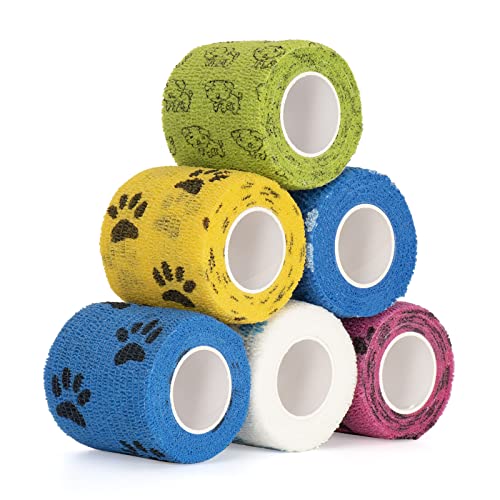 Pet Vet Wrap for Dogs Cohesive Bandages First Aid Tape Self Adhesive Bandage Wrap for Horse Cat Wound Care Self Adherent Elastic Bandage Sports Tapes 6 Rolls 2 inch