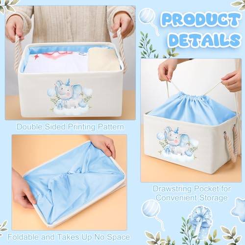 Pickmesh Baby Shower Storage Basket with Gift Bags Rectangular Ribbons Collapsible Canvas Storage Bin with Handles for Diaper Organizing Toy Home DIY Gift Basket, 13 x 9. 1 x 7. 1 Inch(Blue Elephant) - style: Blue Elephant