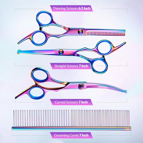 Gimars Dog Grooming Scissors Kit Professional 4CR with Safety Round Tip, 5 in 1 Heavy Duty Titanium Coated Thinning & Curved & Straight Shears - style: Purple 5 in 1