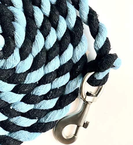 Majestic Ally Pack of 2 Solid Cotton Lead Rope for Horses & Livestock – 10 Foot Long and 5/8 inch Thick - Replaceable Heavy-Duty Satin Bolt Snap – Handmade – Soft, Broken in Feel (Sky Blue - Black) - color: Sky Blue - Black