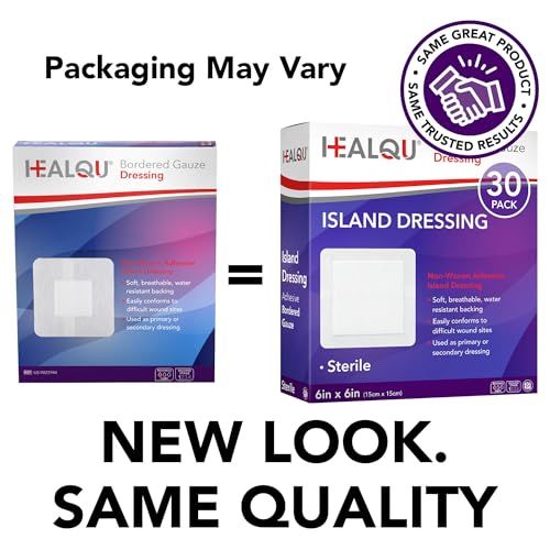HEALQU Island Dressing - 6"x6", 30 Count - Bordered Gauze Sterile Individually Wrapped Gauze Pads, Water-Resistant, Non-Woven Backing - Soft and Breathable Wound Dressing for First Aid and Medical - size: 6x6" (30 Pack)