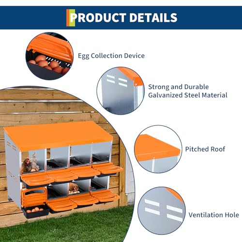 Chicken Nesting Boxes, 8 Compartments Chicken Laying Boxes, Removable Plastic Tray, Easy to Clean, Roll Away Nesting Boxes for Chickens Laying Eggs, Orange