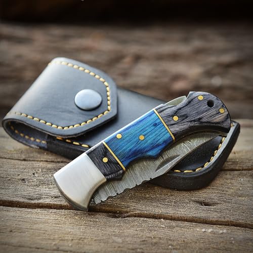 Poshland Steelware Custom Damascus Steel Folding Pocket Knife – Handmade, Compact for Outdoor, Camping, Hiking and Hunting (Blue Pakka Wood) - color: Blue Pakka Wood