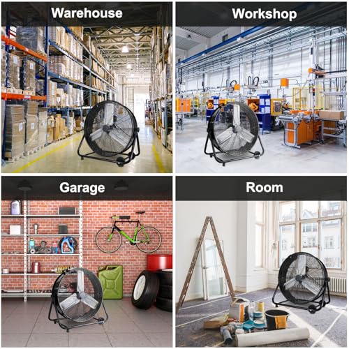 WARMLREC 30 Inch Industrial Drum Fan, 13000CFM Heavy Duty Garage Fan with Wheels, 3 Speeds Metal High Velocity Fan for Warehouse, Workshop, Factory, Commercial, Residential & Greenhouse, Black