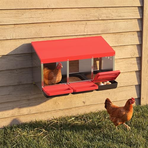 3-Compartment Chicken Nesting Box, Heavy Duty Galvanized Steel Poultry Nest Box, Wall Mount/Freestanding Design for Hens, Ducks, Backyard Homesteads & Farm Use, Red, with Soft Mats, No Stand - color: Red, size: 3 Room&Mat Board