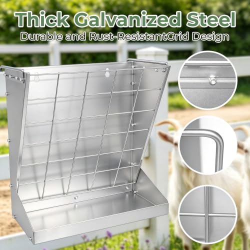 2 in 1 Wall Mount Hay and Grain Feeder, 25 Gallons Livestock Feeder | Galvanized Steel Wall Hay Rack, Hanging Hay Feeder with Mounting Kit for Goats Sheep Horse, Slow Feeder for Goats with Trough