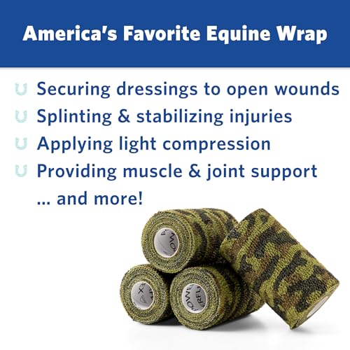 OVIK Health PowerFlex Equine – Extra Strong Self-Adhering Bandage Wrap – Wound Care, Compression & Support Bandage for Horses, Cows & Dogs – Woodland Camo, 4 inch, 4 Rolls (Resealable Case) - color: Camo