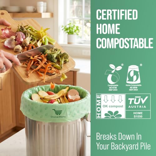 50 Home Compostable Trash Bags 1.6 Gallon Easy Tie Handles | Certified Home Compostable, Leak Resistant Kitchen Compost Bags, Easy Tie Handles, Fits Most Countertop Bins