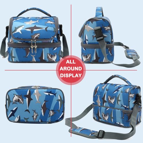FlowFly Kids Double Decker Cooler Insulated Lunch Bag Large Tote for Boys, Girls, Men, Women, With Adjustable Strap, Shark - color: Shark