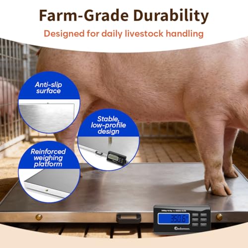 Adamson Livestock Scale 1100 lb / 500 kg – Heavy Duty Digital Dog Scales for Large Breed, for Sheep, Pigs, Goats – Tare, Hold & PCS – Battery or AC Powered (Batteries & Power Adapter Included)