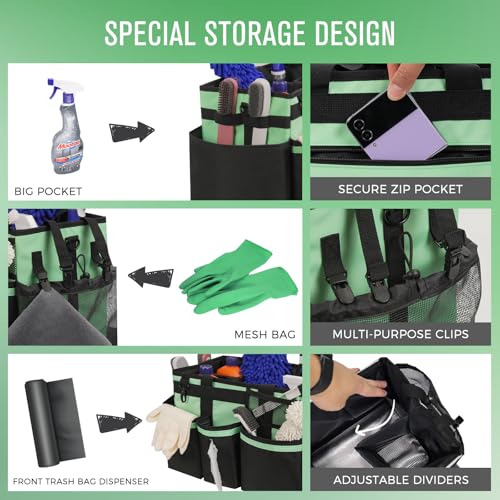 SCAVATA Wearable Cleaning Caddy, Cleaning Caddy Supplies Organizer with Handle & Shoulder Straps for Housekeepers, Under Sink & Car Cleaning Tool Organizers Bag with 4 Foldable Divider (MintGreen) - color: MintGreen