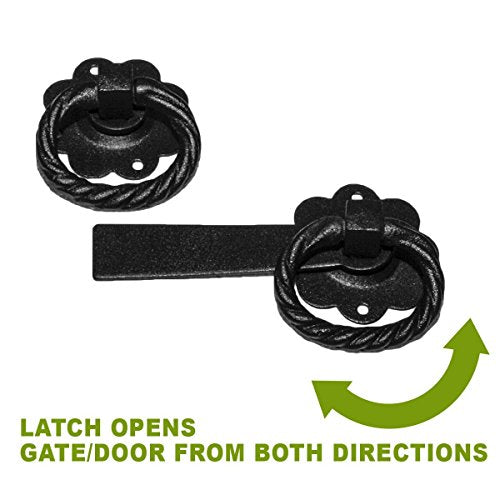 Renovators Supply Manufacturing Black Wrought Iron Floral Ring Gate Latch 5 in Wide Fence Door Lock Pack of 2 - color: Wrought Iron 2 Floral, size: Pack of 2