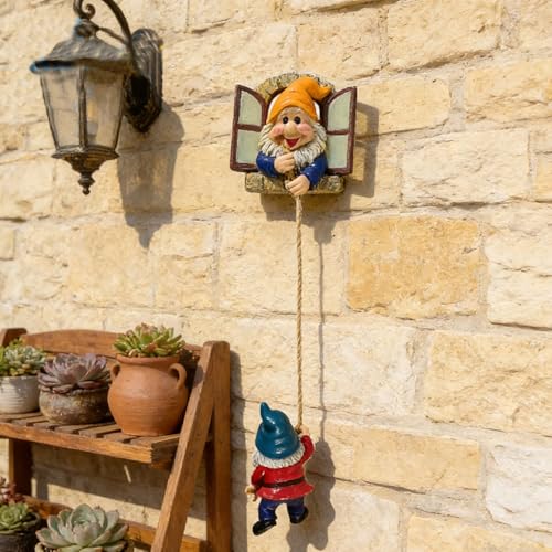 Gnome Statue of a Gnome Climbing a Rope with Glow-in-the-Dark Feature, Wall Decoration (Yellow) - color: Yellow