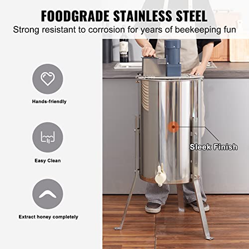 VEVOR Electric Honey Extractor, 2/4 Frame Stainless Steel Beekeeping Extraction, Honeycomb Drum Spinner with Transparent Lid, Apiary Centrifuge Equipment with Height Adjustable Stand | Stainless Steel Spinner with Clear Lid, Fits 2 Deep and 2 Medium Frame