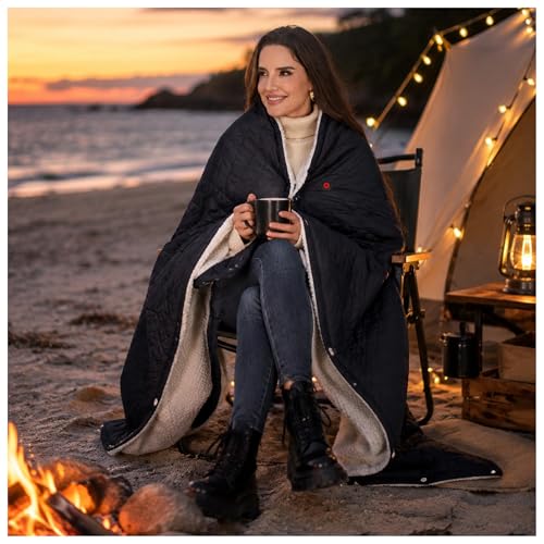 Wearable Heated Blanket,12V Cordless 15000 mAh,3 Heating Set | Cordless heating pad design,Battery Operated,Sherpa Lining,Heated Shawl Throw Blanket for Car,Camping,Backpacking,Hiking - color: Elegant Black