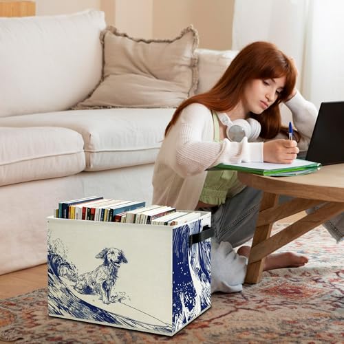 Navy Blue Coastal Dog Storage Bins Box with Handles, Dog Lovers Gifts for Women Men, Nautical Surfing Dogs Collapsible Basket Organizer for Bedroom Bathroom Books Clothes - color: Color07