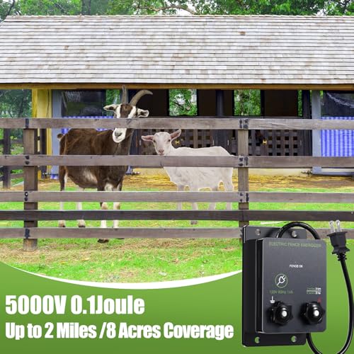 2-Mile 5000V 0.1Joule Electric Fence for Preventing Animals Intruding, 50 Black Fence Insulator and 1 Socket Tool, 250ft Aluminum Wire for Electric Fencing Grid System Accessories - size: 76M