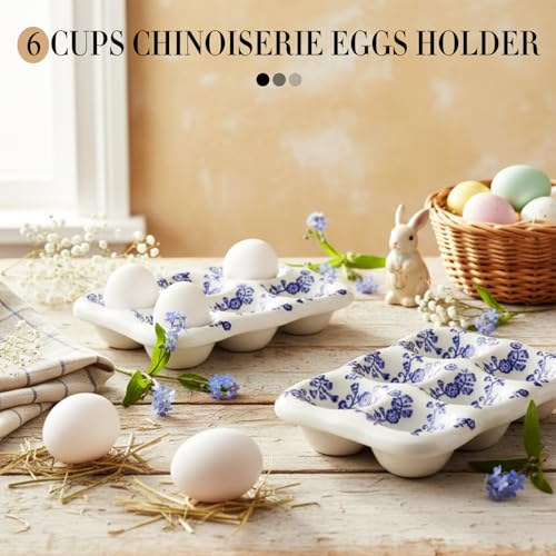 2 Pcs Ceramic Egg Tray 6 Cups Chinoiserie Eggs Holder Blue and White Porcelain Kitchen Counter Table Fridge Storage Accessory Blue Floral Spring Decoration for Housewarming Gift
