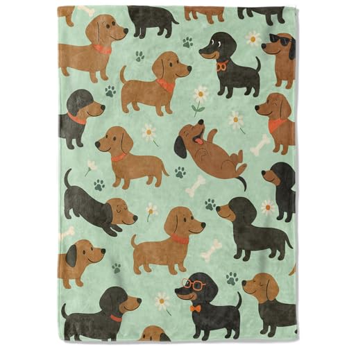 Cute Dachshund Dog Fleece Blanket,50x60in,Playful Wiener Dogs Glasses Bones Flower Mint Green Throw Blankets,Soft Cozy Lightweight, Ideal for Bed Living Room Home Whimsical Pet Decor,Gifts - color: Dachshund, size: 50x60 Inch