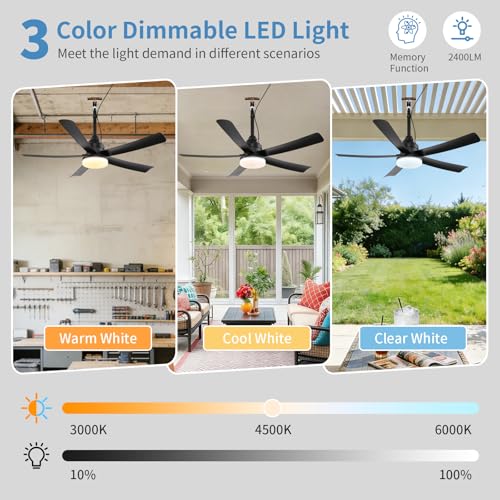 AHAWILL 42" Waterproof Outdoor Ceiling Fan with Light,Hook Hanging | Plug-in,3CCT Dimmable Light,6 Speeds,Remote Control,Reversible DC Motor,Hanging Outdoor Gazebo Fan for Patio,Porch,Pergola