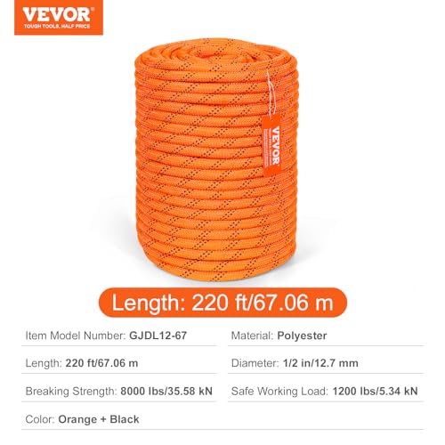 VEVOR Double Braided Polyester Rope, 1/2 in x 220 ft, 48 Strands, 8000 LBS Breaking Strength Outdoor Climbing Rope, Arborist Rigging Rope for Rock Hiking Camping Swing Rappelling Rescue, Orange/Black - size: 1/2 Inch x 220 FT, style: Polyester