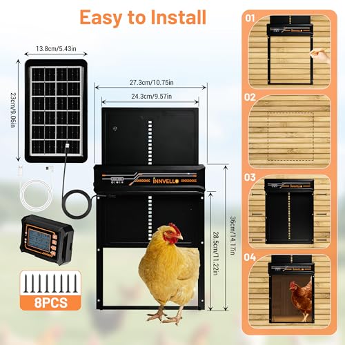 Automatic Chicken Coop Door Solar Powered with Remote Control Setup & LCD Screen, Anti-Pinch Chicken Door, Aluminum Auto Poultry Door with Timer & Light Sensor