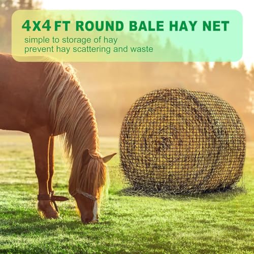 TONGMO 4x4 ft Round Bale Hay Net for Horses & Livestock - Slow Feeder Hay Nets with 2 inches Hole - size: 4×4 ft
