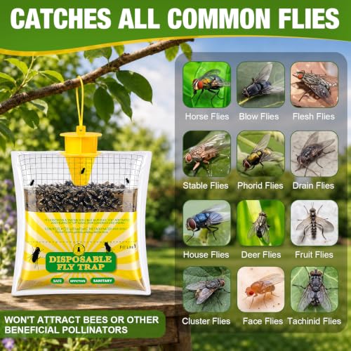 18 Pack Fly Traps Outdoor Flying Insect Trap with Pre-Baited Bait Disposable Hanging Fly Bags for Patio Barn Horse Ranch Chicken Coop, Effective Flying Insect Trap