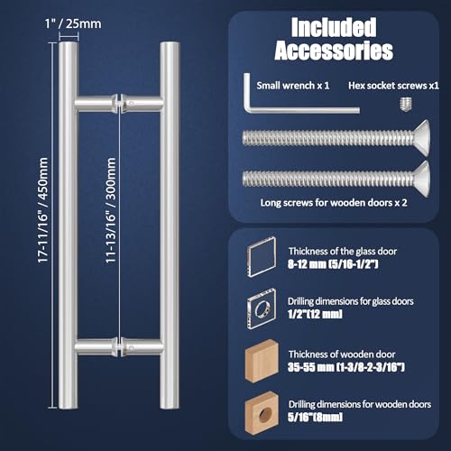 Ranbo 18" Door Pull Handle, 1.2mm 304 Stainless Steel, Brushed Nickel | 11-13/16" Hole Spacing, Fits 1/4"–3/4" Glass Doors and 1-3/8"–2-3/16" Wood Doors, for Shower, Barn and Storefront Door - size: 18 inches/0.98 inches Cross Section Diameter