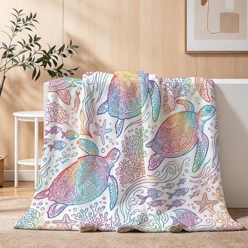 Rainbow Mandala Sea Turtle Throw Blanket, Flannel Fleece 60" x 80" | Yujiiso Rainbow Mandala Sea Turtle Blanket Lightweight Decor for Living Room, Bedroom, Office and Travel, Home Decor Gift - color: Rainbow Mandala Sea Turtle, size: 60"x80"