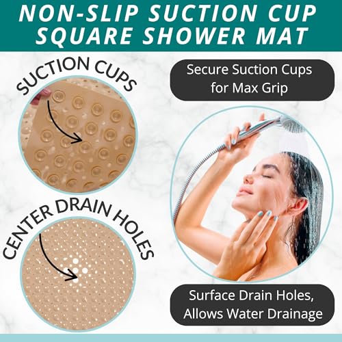 ENKOSI 21 x 21 inch Square Non-Slip Shower Mat – Anti-Slip Shower Mats for Inside Shower – Secure Grip for Shower Stall Floors – Quick-Dry with Drain Holes (21x21 Beige) - color: Beige