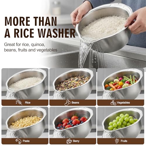 Palksky Rice Strainer & Rice Washing Bowl Stainless Steel - 5.6 Qt Professional Fine Mesh Rice Washer for Kitchen - Heavy Duty Rice Rinser, Cleaner & Drainer Colander for Quinoa, Grains & Fruit - color: 5.6 Qt Rice Strainer