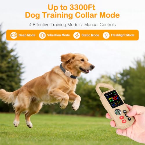 4-in-1 Wireless Dog Fence System for Medium Large Dogs, Remote Training | Invisible Electric Dog Fence for Stubborn Dogs, 3300FT Range, IPX7 Waterproof, Real-Time Display, Indoor & Outdoor Use, Khaki