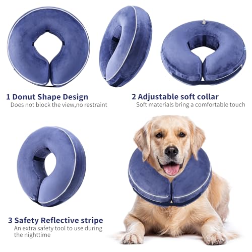 Inflatable Reflective Dog Cone Collar Alternative After Surgery,Doggie Recovery Dount Neck Ecollar,Adjustable Soft Dog Cone Collar for Small Medium Large Dogs (Blue, S) - color: Blue, size: Small（8.5"-10.5"）