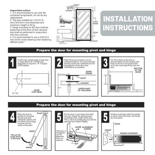 Double Action Spring Hinges -Swinging Door Hinge -Pivot Hinge，with Cover Plates,with self-Closing and Stop for Wooden Doors，Load Max 100lb Door