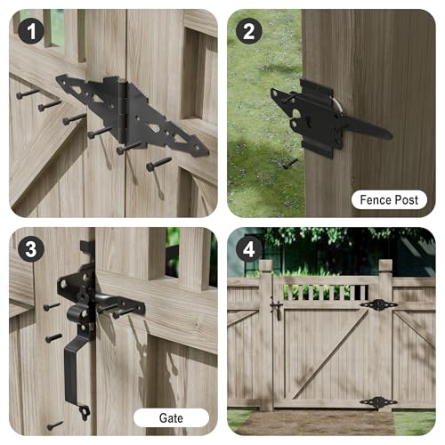 8" Heavy Duty Decorative Strap Hinges and Spring Loaded Latch Kit with Screws for Outdoor Fence Swing Gate Black Finish，Wood Gate Hardware Set，with Handle (1, Black)