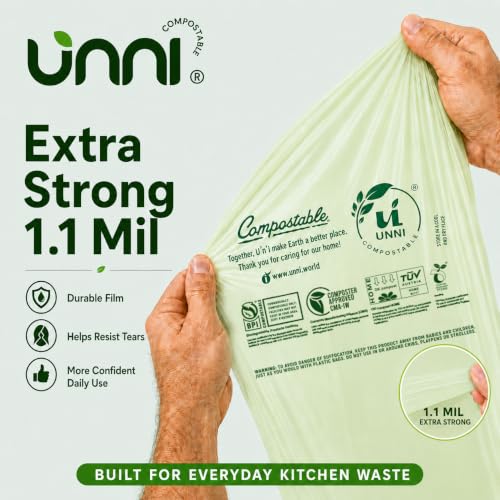 UNNI 30-33 Gallon Compostable Bags, 20 Count, 124 L, Extra Thick 1.1 Mil | Large Compost Bags for Lawn, Leaf & Yard Waste & Kitchen Organics, Certified by BPI, CMA & OK compost HOME, Meets ASTM D6400 - size: 20 Count (Pack of 1), style: 33 Gallon
