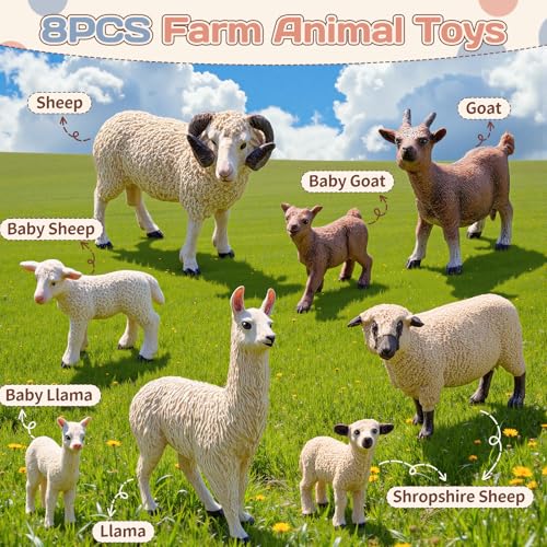 8PCS Realistic Sheep Goat Figurines Alpaca Figures Llama Figurines | Solid Farm Animals Toys for Toddlers 3-5, Educational Animal Family Set for Kids, Cake Toppers Party Favors for Boys Girls - style: Sheep Goat Alpaca