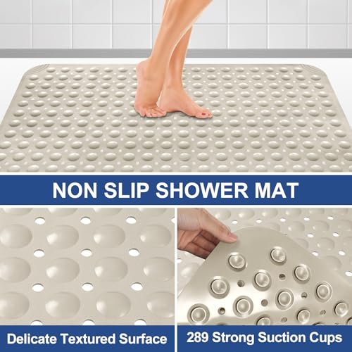 Shower Mat Non Slip: 34" x 23" Large Shower Mats for Inside Shower - Soft TPE Cuttable Anti Slip Shower Stall Mat with Drain Holes and Suction Cups - color: Khaki, size: 34" x 23" (Rectangular)
