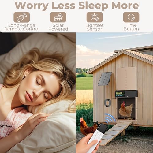 Automatic Chicken Coop Door: 3500mAh Solar Powered, 656ft Long-Range Remote, Intuitive Color LCD Display, Anti-Pinch Safety Sensor, Weather-Resistant Aluminum Auto Door for Poultry