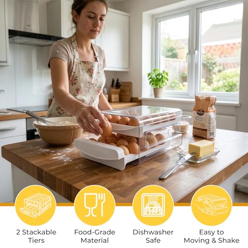 ALKAMI Egg Organizer for Refrigerator with Lid, Multi-Layer Egg Storage Container for Fridge 40 Eggs, Clear Plastic Dispenser Tray with Anti-Roll Cups, Large Capacity Space Saving Egg Bin