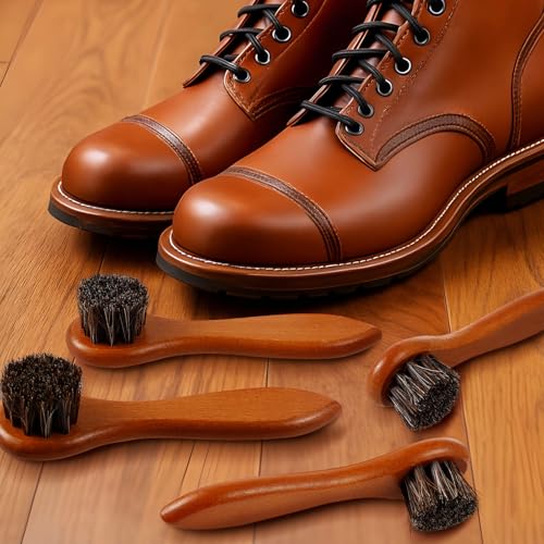 4 Pcs Horsehair Shine Shoes Brush Kit Polish Dauber Applicators Cleaning Leather Shoes Boots Care Brushes Suede Cleaner Brush with Microfiber Shoe Cloth(Brown Handle B) - style: Brown Handle B