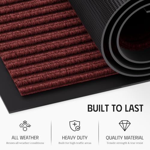 Front Door Mat, Non-Slip Heavy Duty Indoor Outdoor Doormat, 3'x5' | Red Striped, Trap Dirt & Absorb Moisture, Low Profile, Non-Slip Backing, All Weather, Indoor Outdoor Floor Mat for Entryway - color: Red Striped, size: 3' x 5'